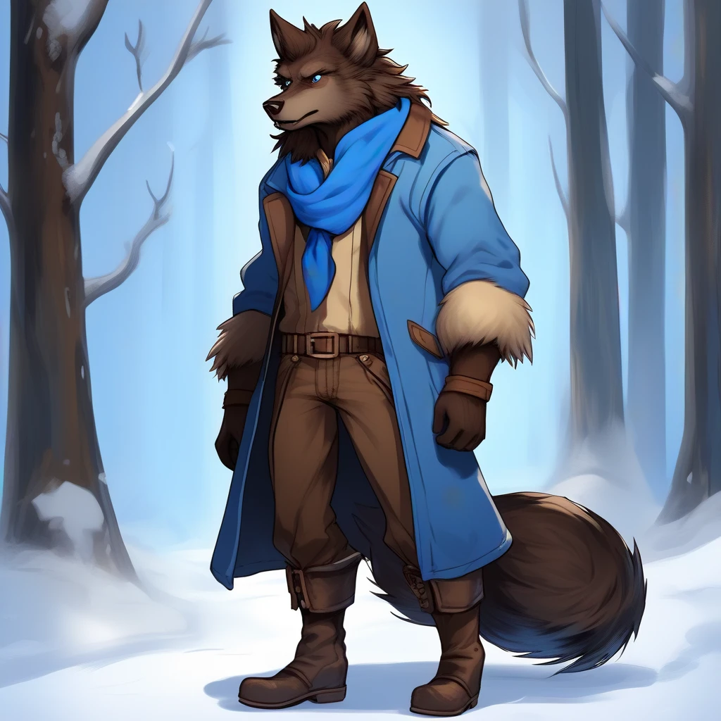 solo, male, werewolf, blue eyes, long wavy curly brown hair, blue overhauls, brown boots, white gloves, long brown wolf tail