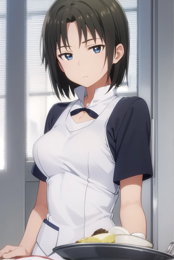 kyoukoshirafuji, <lora:kyouko shirafuji s2-lora-nochekaiser:1>,
kyouko shirafuji, short hair, black hair, (black eyes:1.5),
BREAK apron, waitress,
BREAK indoors, restaurant,
BREAK looking at viewer, (cowboy shot:1.5),
BREAK <lyco:GoodHands-beta2:1>, (masterpiece:1.2), best quality, high resolution, unity 8k wallpaper, (illustration:0.8), (beautiful detailed eyes:1.6), extremely detailed face, perfect lighting, extremely detailed CG, (perfect hands, perfect anatomy),