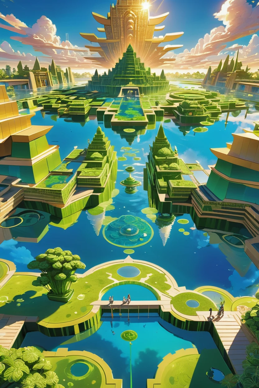 golden hour, blue sky, clouds, scenery, subterranean Takenokozoku Floating gardens of Babylon reimagined in a Algae Bloom Ponds<lora:EnvyEgyptianFuturismXL01:0.5>