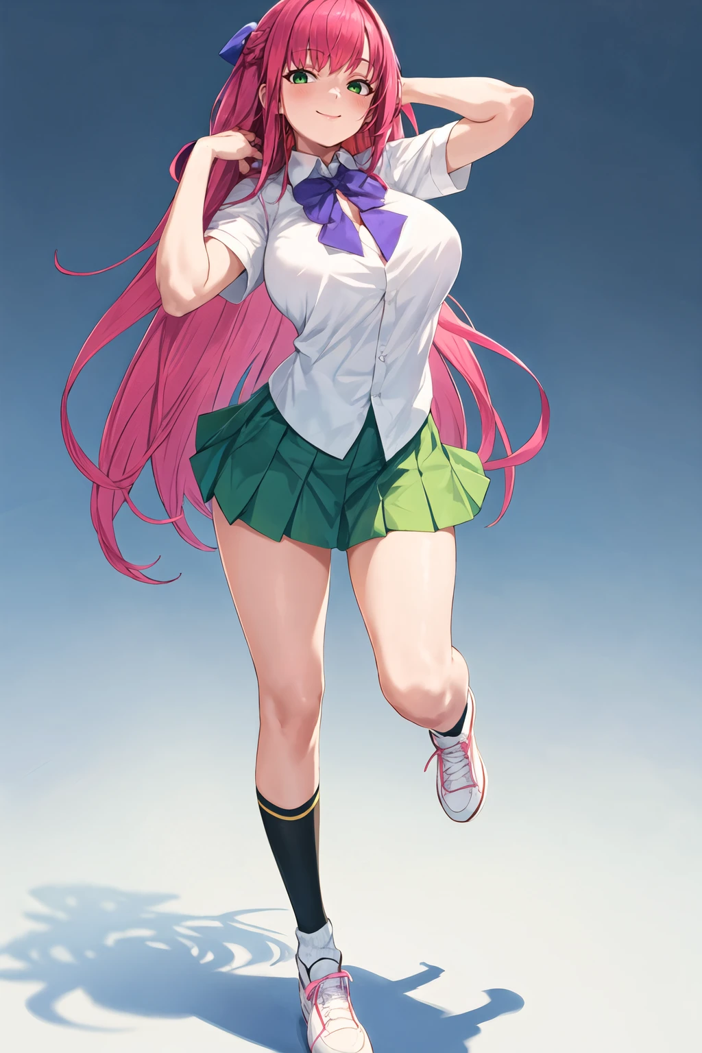 masterpiece, best quality, 1girl, solo, long hair, breasts, looking at viewer, blush, smile, bangs, skirt, large breasts, simple background, shirt, white background, bow, closed mouth, school uniform, green eyes, standing, full body, white shirt, pink hair, short sleeves, pleated skirt, shoes, socks, collared shirt, miniskirt, bowtie, huge breasts, arm up, gradient, kneehighs, gradient background, white footwear, standing on one leg, green skirt, black socks, purple bow, shirt tucked in, uwabaki, purple bowtie, tented shirt <lora:Ohland -Style_820760:1>