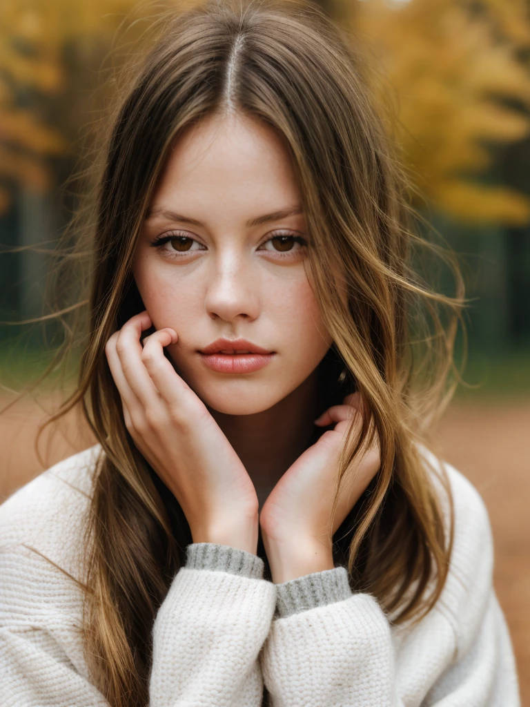 Realistic photo of a beautiful m14g woman,1girl,solo,long hair,looking at viewer,blonde hair,simple background,long sleeves,brown eyes,closed mouth,sweater,lips,own hands together,red background,freckles,realistic,nose, soft lighting, professional Photography, Photorealistic, detailed, RAW, analog, sharp focus, 8k, HD, high quality, masterpiece<lora:m14g:1.0>