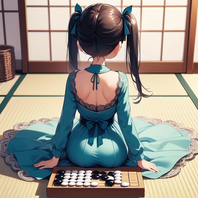 (((masterpiece))),  (((best quality))),  ((from behind)),  (((go weiqi))),  ((putting down chess piece on large square chessboard on table)),  cyan lace dress,  hand on thighs,  tatami room,  backyard,  big tits,  ribbon,  twintails,  petite figure proportion,  shy,  blush,<lora:EMS-256052-EMS:1.000000>