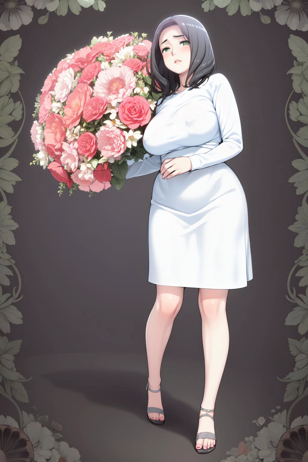 full body, solo, 1girl, disgusted, dark grey hair, widow's peak, dark green eyes, aqua blouse, Dianthus_caryophyllus \(flower\), floral background <lora:HGT_Labo(Tsusauto)_style_v01:1>
