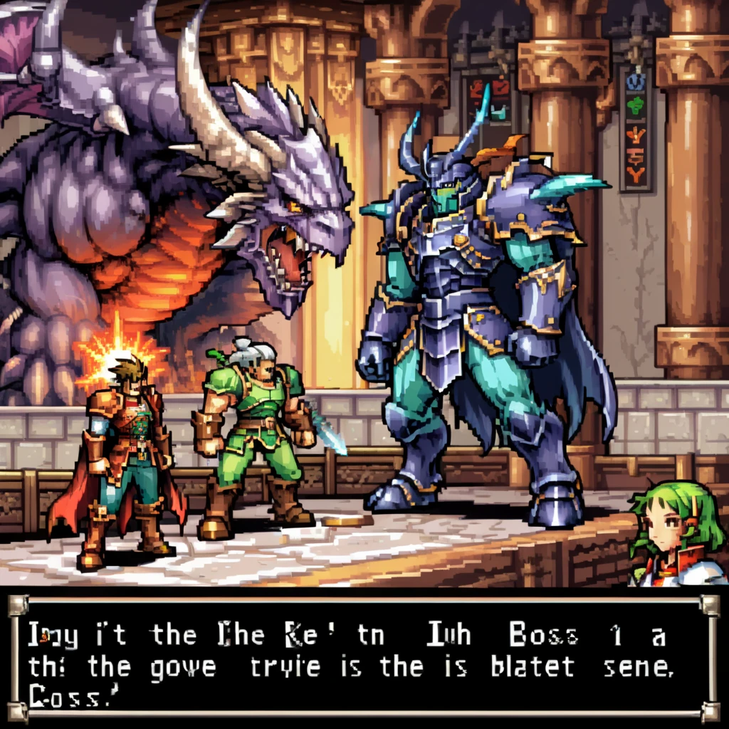 For an image in a game style, depicting a classic RPG game's final boss scene with character dialogue boxes and portraits: Visualize an intense confrontation scene, the RPG game's final boss in full, menacing regalia, towering over the scene. The boss's portrait is in the upper corner, detailed and expressive, illustrating a mix of surprise and respect. A dialogue box snugly fits below the portrait, with the text, 'You've finally made it to the end, haven't you?' The scene's art style reflects the nostalgic pixel art or hand-drawn visuals typical of classic RPGs, with vibrant colors and dramatic lighting to enhance the epic confrontation atmosphere., <lora:gbaplay_rpg:0.7>, <lora:xl_paimeng girl2:0.7>