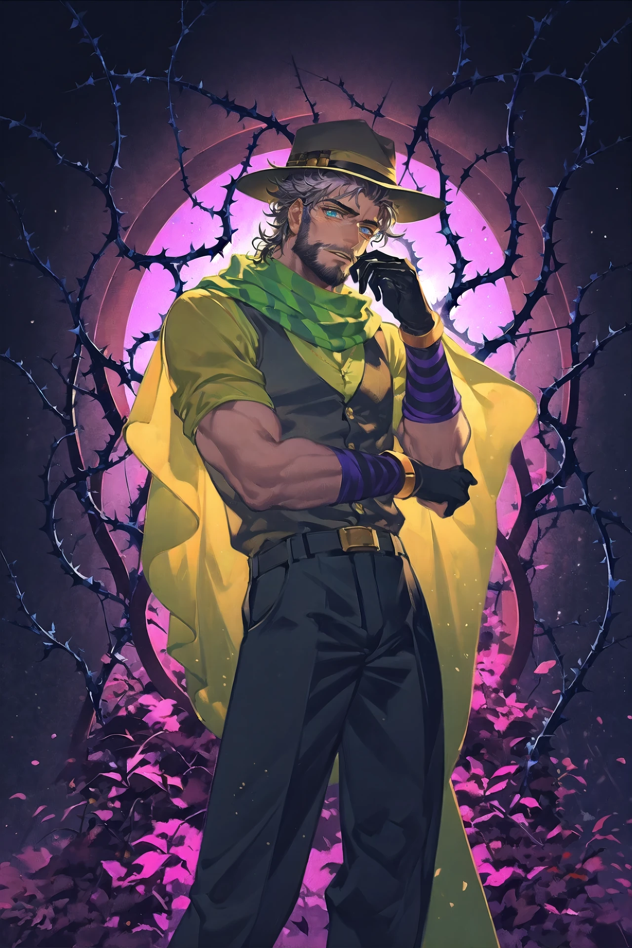 joseph joestar \(old\), thorns, vines, 1boy, joseph joestar, plant, male focus, beard, gloves, hat, stand \(jojo\), solo, facial hair, blue eyes, scarf, grey hair, constellation, adjusting clothes, striped scarf, old man
/////////// <lora:reiko-000298:1>, <lora:ç»ä¸½çå
å½±:0.2>,<lora:add_detail:0.35>, <lora:adaptedmodel:0.35>
