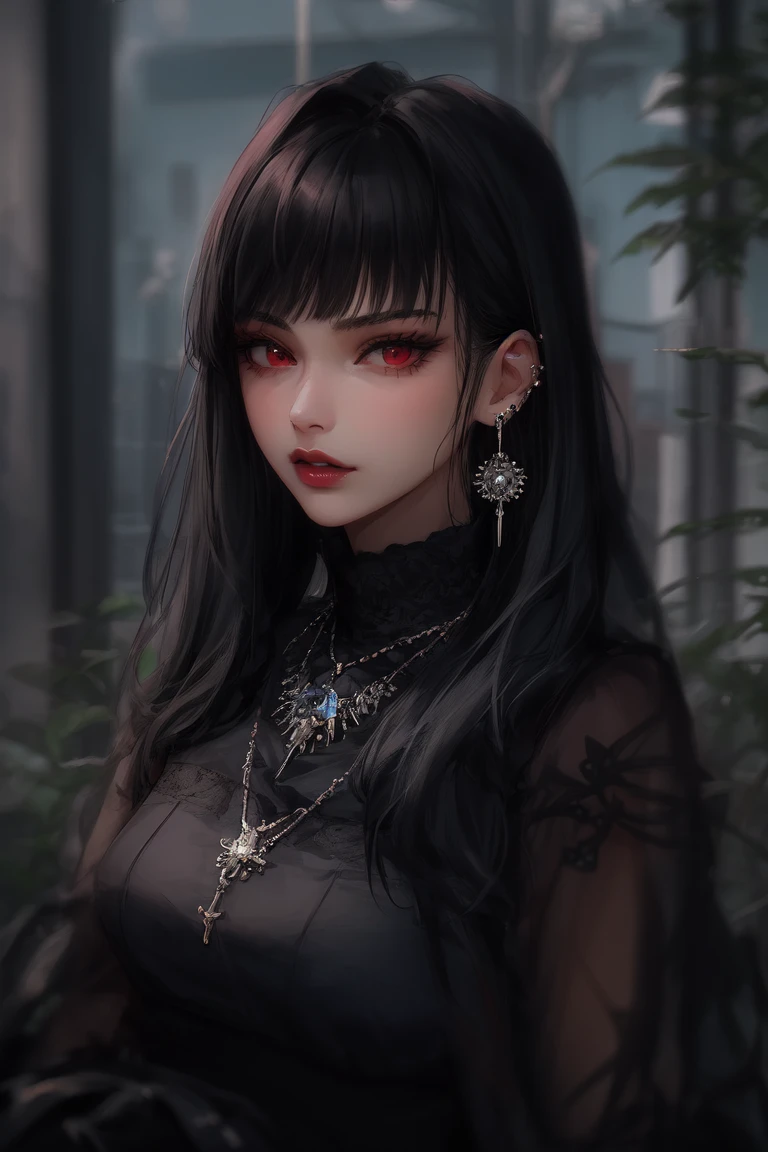 Goth girl 1girl, solo, masterpiece, best quality, ultra-detailed, ray tracing, HDR, deph of field, (perfect face, detailed face, detailed eyes), 8k, HD, best quality, ultra-detailed, serious look, long hair, bangs, red eyes, jewelry, black dress, detailed eyes, closed mouth,upper body,black hair, straight hair, earrings, necklace, lips, eyelashes,portrait,necklace, earrings, <lora:Goth_girl-v1.5:0.8>,