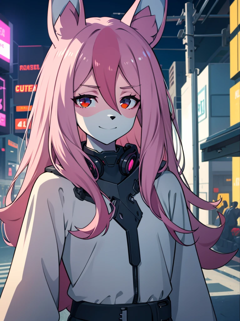 1 girl,furry,fox girl,furry female,fox ears, animal ears, nazuna_hiwatashi, pink hair,long hair, red eyes, hair between eyes, (animal nose, triangle shaped nose), (tail), (high quality, best quality, (4k), hi res, masterpiece, beautiful, high details), happy, looking at viewer, (cyberpunk,futuristic), city, night <lora:NazunaV2:0.8>