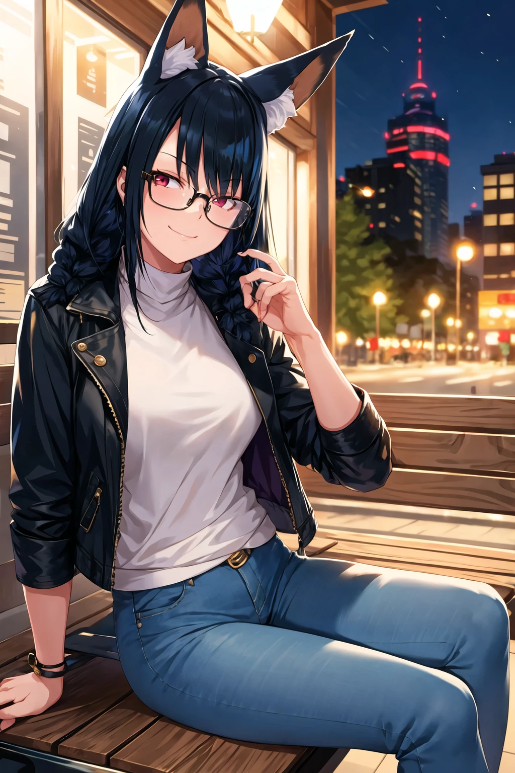 1girl, solo, sidelocks, twinbraids, (black hair), red eyes, smug, smirk, glasses, sitting, bench, partk, at night, long hair, white sweater, leather jacket, (black jacket:1.2), fox girl, fox ears, fox tail, jeans, black tail, <lora:Ohland -Style_820760:1>