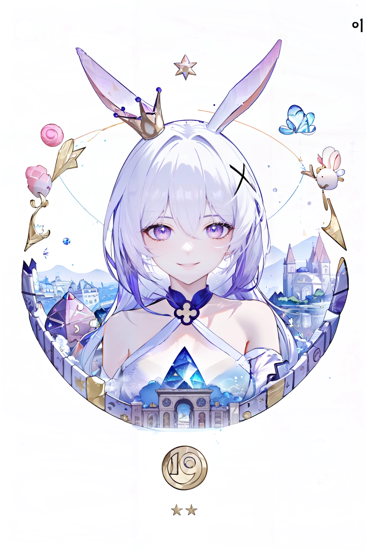 simple_white_background, golden and white theme, Sense of coordination, sense of order, mathematics beauty, (((cover design))), (((((cover art))))), ((trim)), album_art, official art, (Master's work), full body, ( closeup, 1girl,solo:1.2),
<lora:trr-v100:0.8:lbw=OUTALL>, trr, rabbit ears, pendant, 1girl, pink eyes, crown, theresa apocalypse, animal ears, gloves, bangs, white gloves, side ponytail, thighhighs, bare shoulders, white hair, pink dress, hair between eyes, girl, 9 years ra:AkramBham:0.5>, 1girl, solo, parted lips, looking at viewer, floating hair, long hair, portrait, bangs, collarbone, scenery,
magic circle, star patterns, white geometry, colorful geometry, reflection, crystal_art, pattern_design, creative, Mystery pattern, colorful crystal decorate, blue crystal, (architectural art), ((geometric art)), pattern design, creative, shine, dream,
cute rabbits, so many candys, so many sweets, magic word,
------,
Low saturation, grand masterpiece, Perfect composition, film light, light art,
<lora:nai3lora-000012-5kmd:0.7>, <lora:bz_v3-000003:0.5>, <lora:bigcar2-v100-000011:0.4>,
