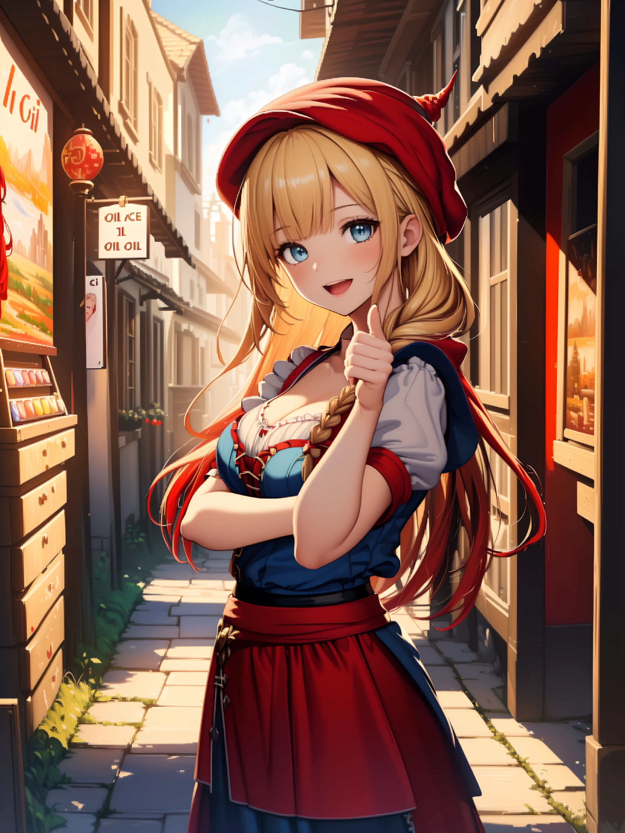 (((oil painting :1.2))), ((extremely detailed 8k illustration)), highres, (extremely detailed and beautiful background), ultra detailed painting, professional illustrasion, Ultra-precise depiction, Ultra-detailed depiction, (beautiful and aesthetic:1.2), HDR, (depth of field:1.4), beautiful detailed, intricate:1.4, nice hands, perfect hands,
(girl, chibi, mage), bangs, blonde_hair, blue_eyes, hair_over_shoulder, long_hair, twin braids hair, ((red cap)), ((red Dirndl)), ((red long skirt)), smile, open mouth, thumbs up,
A hidden magical alleyway nestled within a bustling fantasy metropolis, with enchanting shops, mystical artifacts, and secretive passageways.,