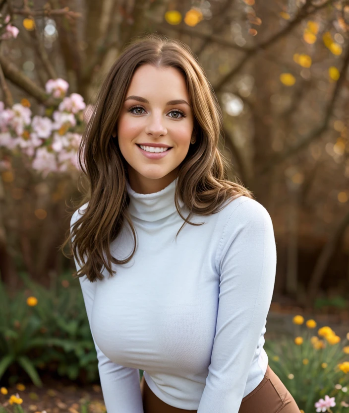 j0rc1, Soft and warm light, smile, nature, Flower garden, upper body, leggings , Shirt, turtleneck, intricate, large breasts, brown hair, close portrait photo