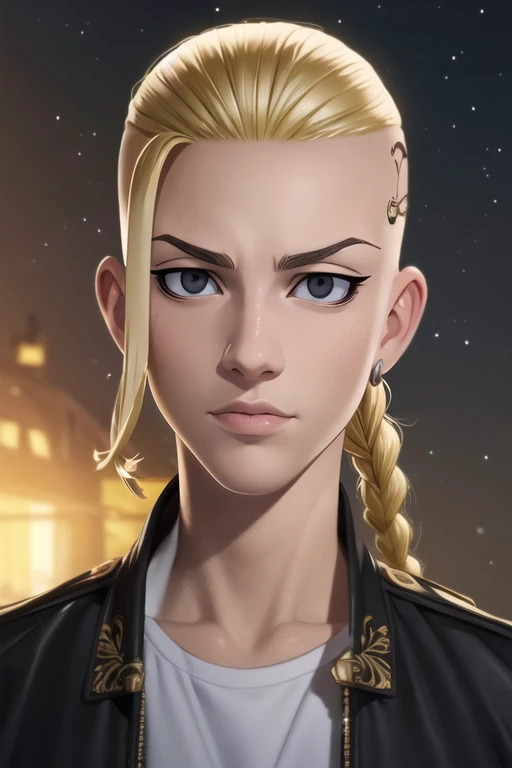 photorealistic, (4k), depth of field, (Masterpiece), (realistic skin texture), extremely detailed, intricate, hyper detailed, high resolution, professional photography, , depth of field, sharp detail, best quality, looking at viewer, 1boy, solo, male focus, <lora:ken_ryuuguuji:0.98>, ken_ryuuguuji, blonde hair, black eyes, single braid, , , gakuran, texan costume, space opera, 32k resolution
