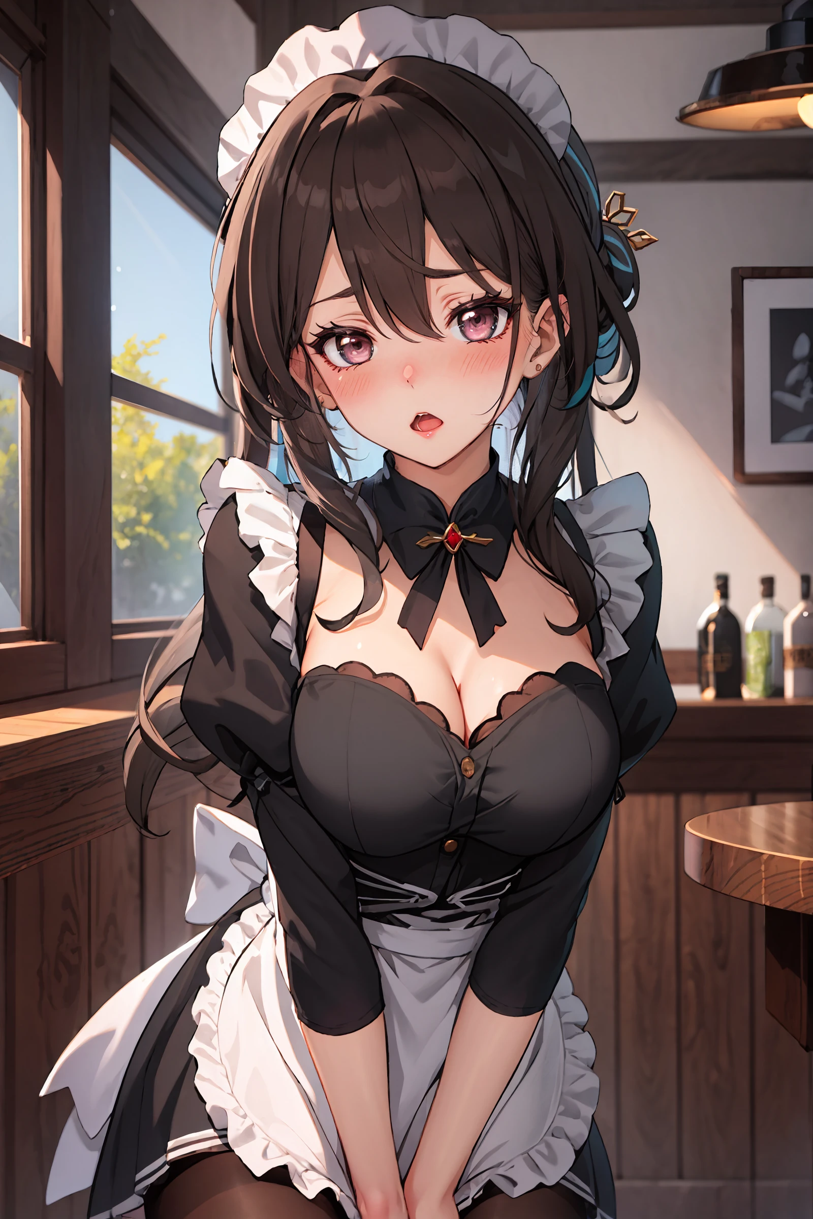 1girl, ruan mei \(honkai: star rail\), hair ornament, solo, maid, maid headdress, maid apron, embarrassed, pantyhose, open mouth, blush, parted lips, looking at viewer, cowboy shot, bar \(place\), indoors, depth of field, masterpiece
