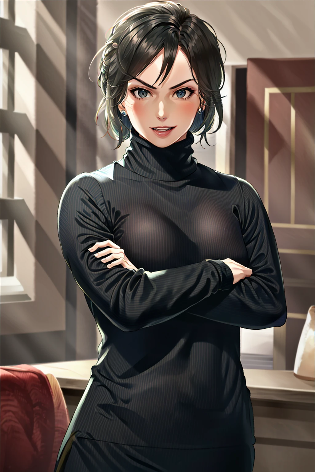 1girl,shadepd3,standing,crossed arms,cowboy shot,turtleneck,black pants,earpiece,happy,:d,indoors,in apartment, <lora:ShadePD3:0.7>,