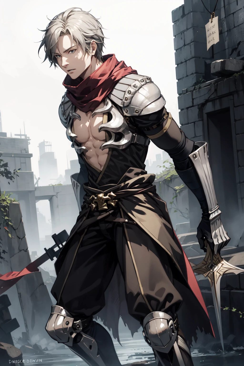 1boy, solo, assassincross-ro, mature male, <lora:assassincross-ro:0.7>, scarf, shoulder armor, pauldrons, red scarf, open shirt, gauntlets, vambraces, <lora:age_slider_v2:1.5>, action pose, boots, fantasy:1, ragnarok online