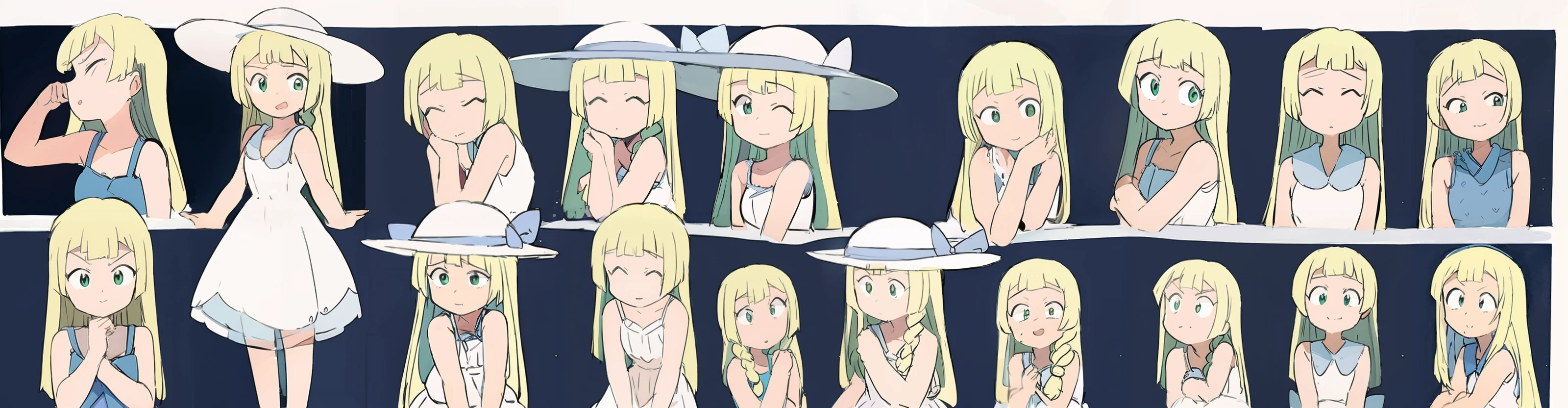masterpiece, best quality, <lora:style05:1>, multiple girls,comic,white background,(chibi:1.2),multiple view,face,smile,sad, open eyes,closed eyes, half-closed eyes, angry,many hat,
<lora:lillie:1>,lillie \(pokemon\),(white hat,hat,sun hat:1.2),long hair,blonde hair, sleeveless dress, green eyes,(white dress:1.2),braid,(twin braids:1.2), bare shoulders, blue ribbon,collared dress,