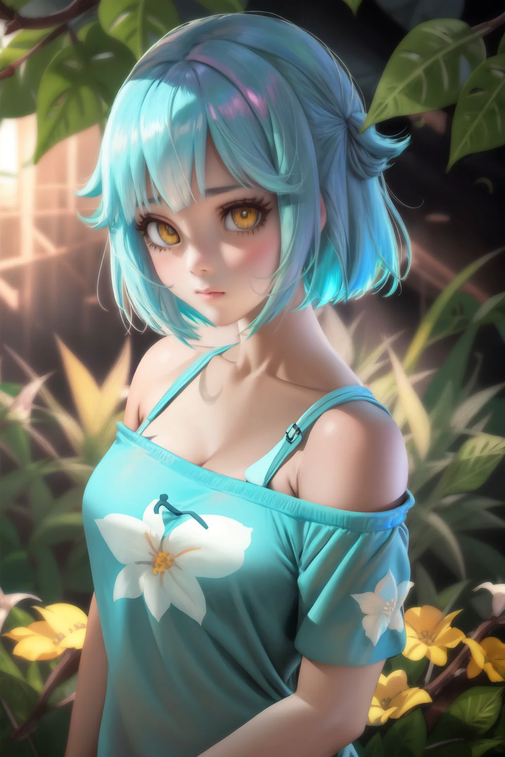 upper body, solo, 1girl, anxious, aqua hair, inverted bob, yellow eyes, pink off-shoulder shirt, Buckthorn_Variegated \(flower\), floral background <lora:Sakimichan_style_v01:1>