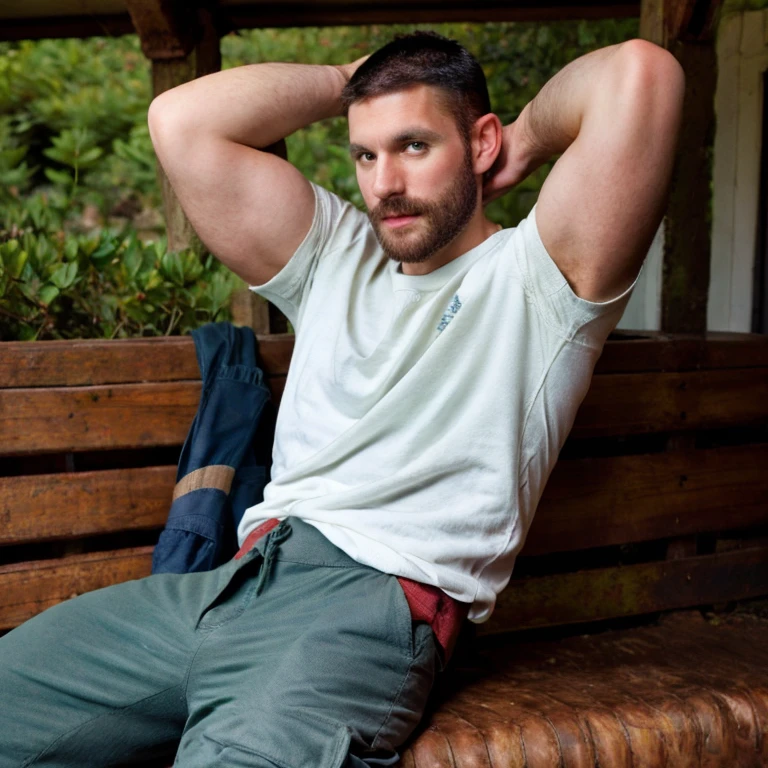 <lora:BobHager:0.8> b0bh4g3r, from side,  intricate background, sitting, arms behind head, crew cut,
medium shot, henley shirt, cargo pants,
in a bay