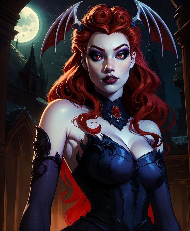Lillith,long red curly hair,pale skin,red eyes,makeup,
head wings,detached sleeves,bare shoulders,cleavage,dress,jewelry, gem,
standing,
nighttime,moonlight,
(insanely detailed, beautiful detailed face, masterpiece, best quality),<lora:Lillith-10PDv8:0.8>,