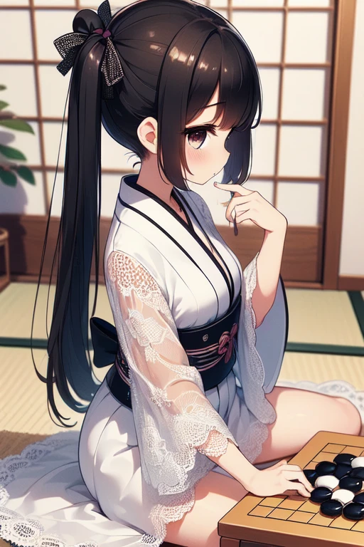 (((masterpiece))),  (((best quality))),  ((from side)),  ((looking viewer)),  (((go weiqi))),  ((girl next to chessboard)),  ((putting down chess piece)),  (((chessboard on table))),  silver lace kimono,  hand on thighs,  tatami room,  backyard,  big tits,  ribbon,  twintails,  petite figure proportion,  shy,  blush,<lora:EMS-256052-EMS:1.000000>