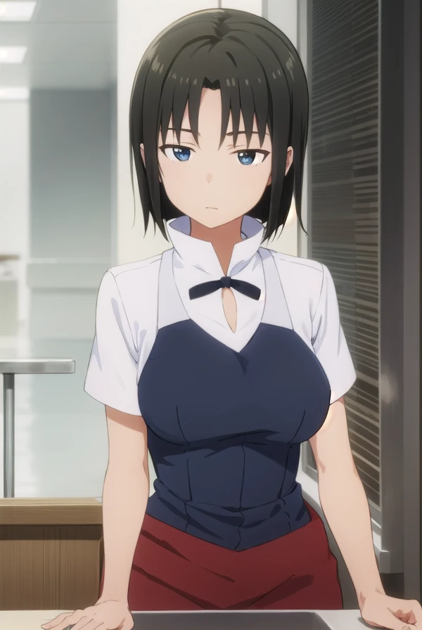 kyoukoshirafuji, <lora:kyouko shirafuji s2-lora-nochekaiser:1>,
kyouko shirafuji, short hair, black hair, (black eyes:1.5),
BREAK apron, waitress,
BREAK indoors, restaurant,
BREAK looking at viewer, (cowboy shot:1.5),
BREAK <lyco:GoodHands-beta2:1>, (masterpiece:1.2), best quality, high resolution, unity 8k wallpaper, (illustration:0.8), (beautiful detailed eyes:1.6), extremely detailed face, perfect lighting, extremely detailed CG, (perfect hands, perfect anatomy),