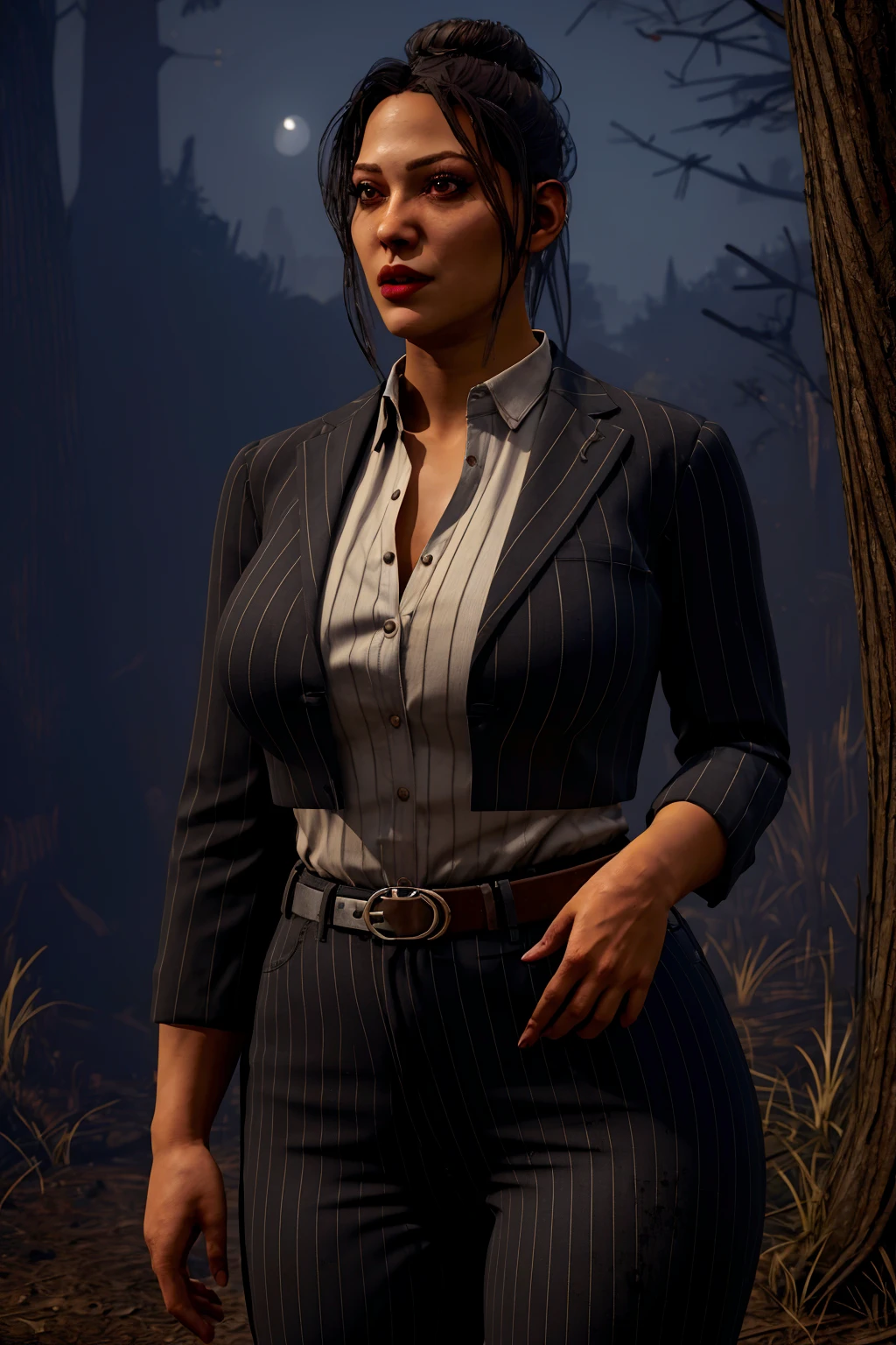 (masterpiece), best quality, photorealistic,
1girl, janerodbd, glowing eyes, black eyes, lips, dirty face, dirty clothes, latina,
pinstripe jacket, pinstripe pants, shirt, high-waist pants, belt,
black hair, single hair bun,
cowboy shot,
simple background, creepy forest, myst, night sky, night,
looking at viewer, confident, flustered, naughty face,
perfect lighting,
curvy,
wide hips,
(large breasts:1.3),
<lora:janerodbd_v19-000006:0.9>