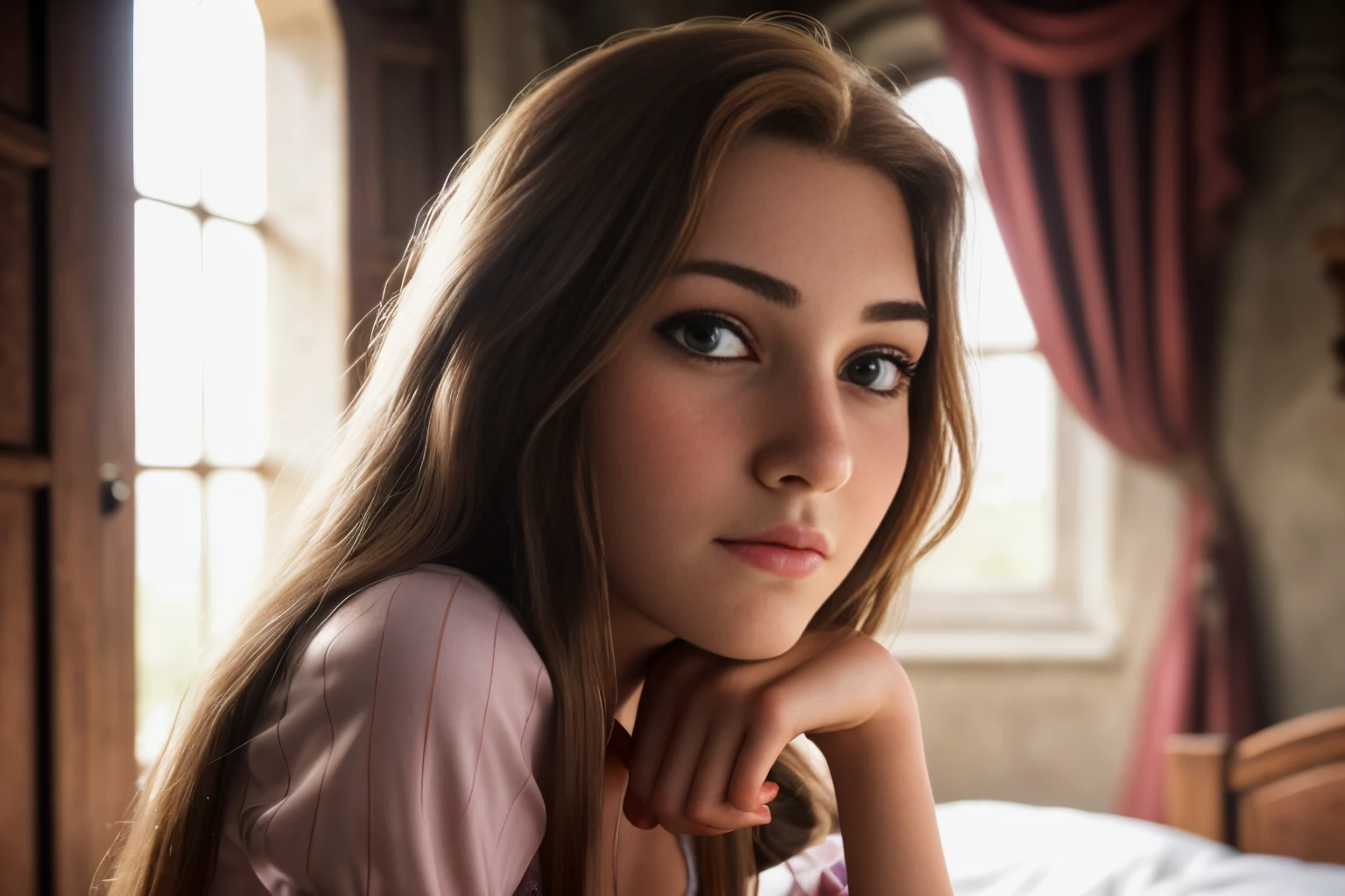 cinematic portrait of close-up photo of photograph of a 18 year old woman, rapunzel-tngl, in castle bedroom <lora:rapunzel-tngl-v1.1-000004:0.7>. Detailed, intimate, clear, personal. 85mm lens, f/1.8, dramatic side lighting, moody atmosphere