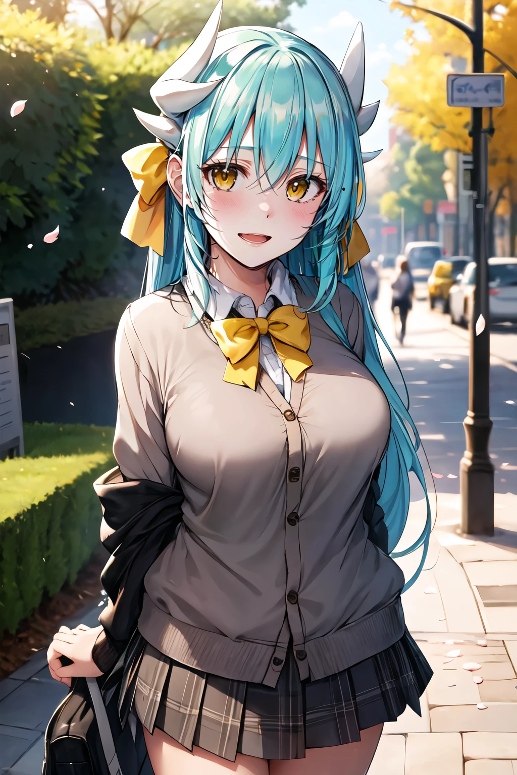 masterpiece, best quality, highres, aakiyo, long hair, aqua hair, white horns, hair bow, yellow bow, yellow eyes, <lora:kiyohime_(lancer)_v1:0.7>, cardigan, plaid skirt, arms behind back, smile, open mouth, petals, outdoors, big breasts  <lora:Rouka -Style_835720:1>