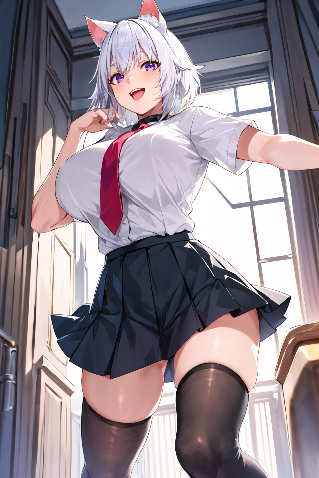 1girl,(solo),(gigantic breasts), wide hips, thick thigs,dynamic pose, school uniform, black skirt, white shirt, red necktie, thighhighs, black choker, smile, :d, white hair, purple eyes, cat ears, short hair, extremely detailed eyes, <lora:Ohland -Style_820760:1>