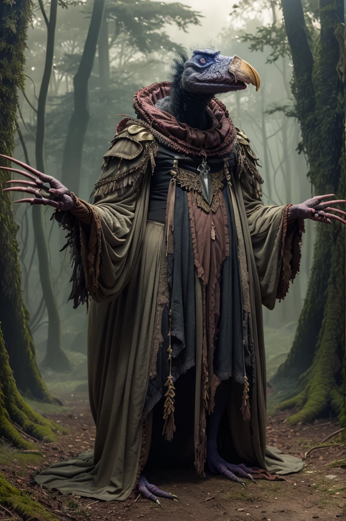 skeksil, a chunky humanoid vulture skeksis wearing victorian robe , in a forest <lora:Skeksis:1>