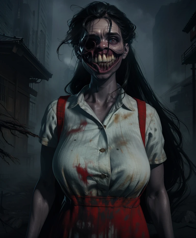 Lamentation,black hair,very  long hair,
white shirt,red overall,no bra,teeth,faceless female,
large breasts,facing viewer,
standing,upper body,
night,fog,tokyo,
horror \(theme\),
night,city,fog,tokyo,
(insanely detailed, masterpiece,  best quality),solo,<lora:Lamentation:0.9>,