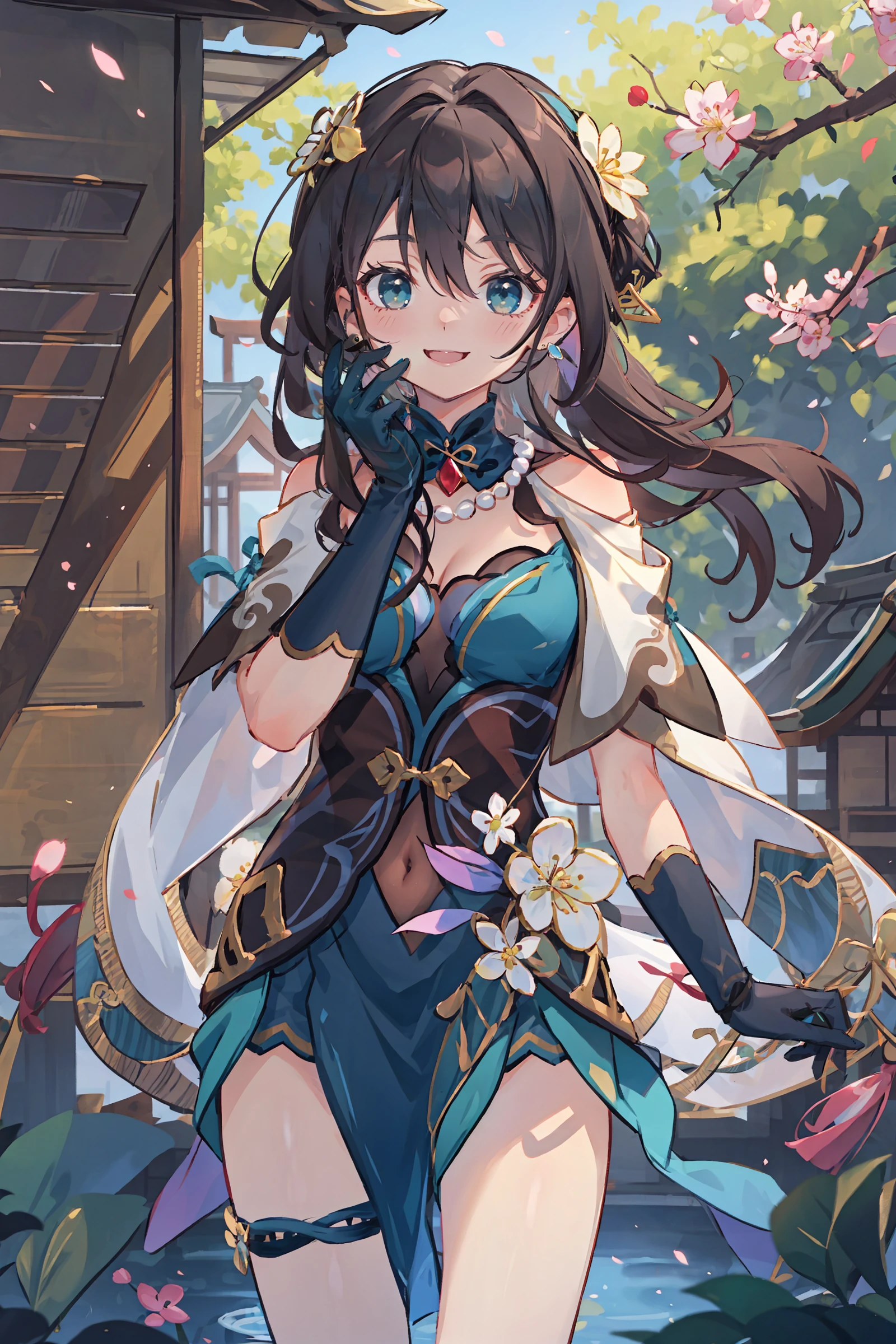 1girl, ruan mei \(honkai: star rail\), solo, china dress, green gloves, hair ornament, detached collar, necklace, capelet, thigh strap, cowboy shot, standing, looking at viewer, hand on own face, smiling, plum blossoms, east asian architecture, outdoors, depth of field, masterpiece