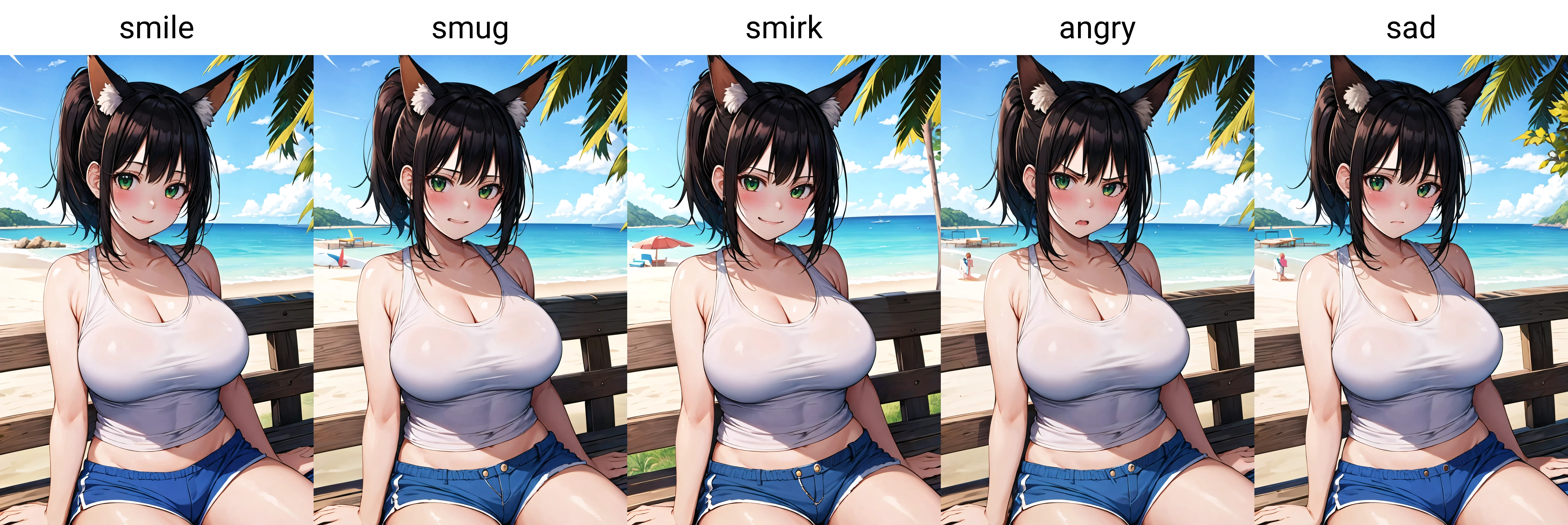 masterpiece, best quality, 1girl, solo, sitting, on bench, outdoors, beach, tank top, (white tank top:1.2), (black hair:1.2), green eyes, (smile), ponytail, blunt bangs, short hair, huge breasts, blue shorts, fox ears, <lora:Rouka -Style_835720:1>