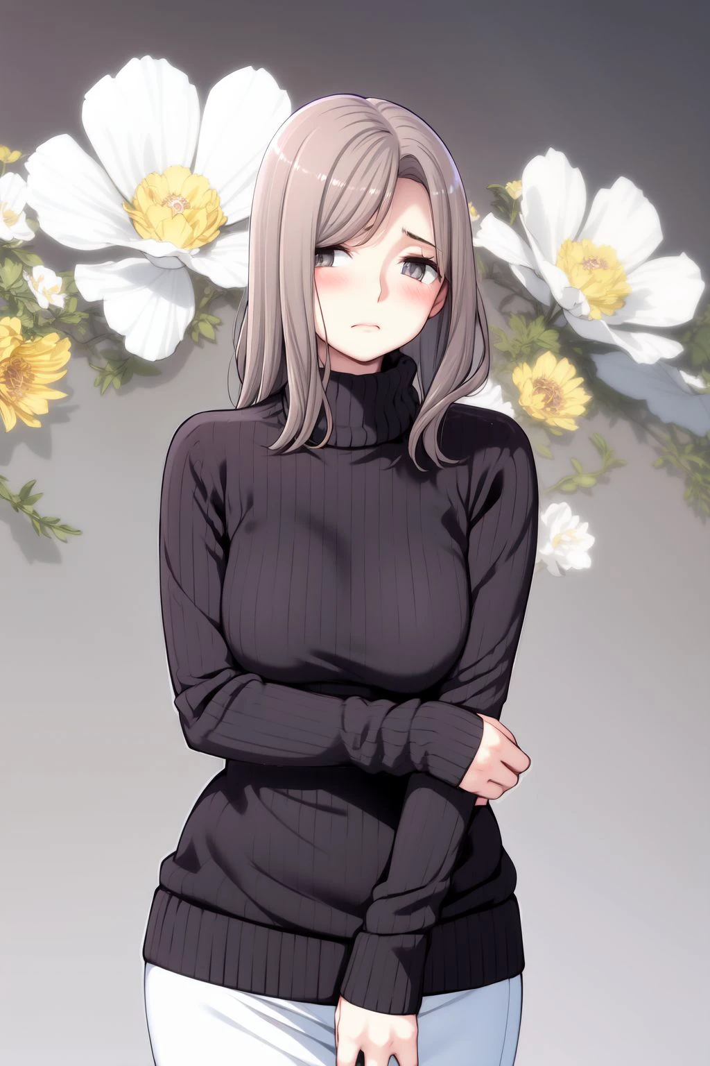 cowboy shot, solo, 1girl, miserable, brown hair, crossed bangs, light grey eyes, grey ribbed sweater, Cosmos \(flower\), floral background <lora:HGT_Labo(Tsusauto)_style_v01:1>