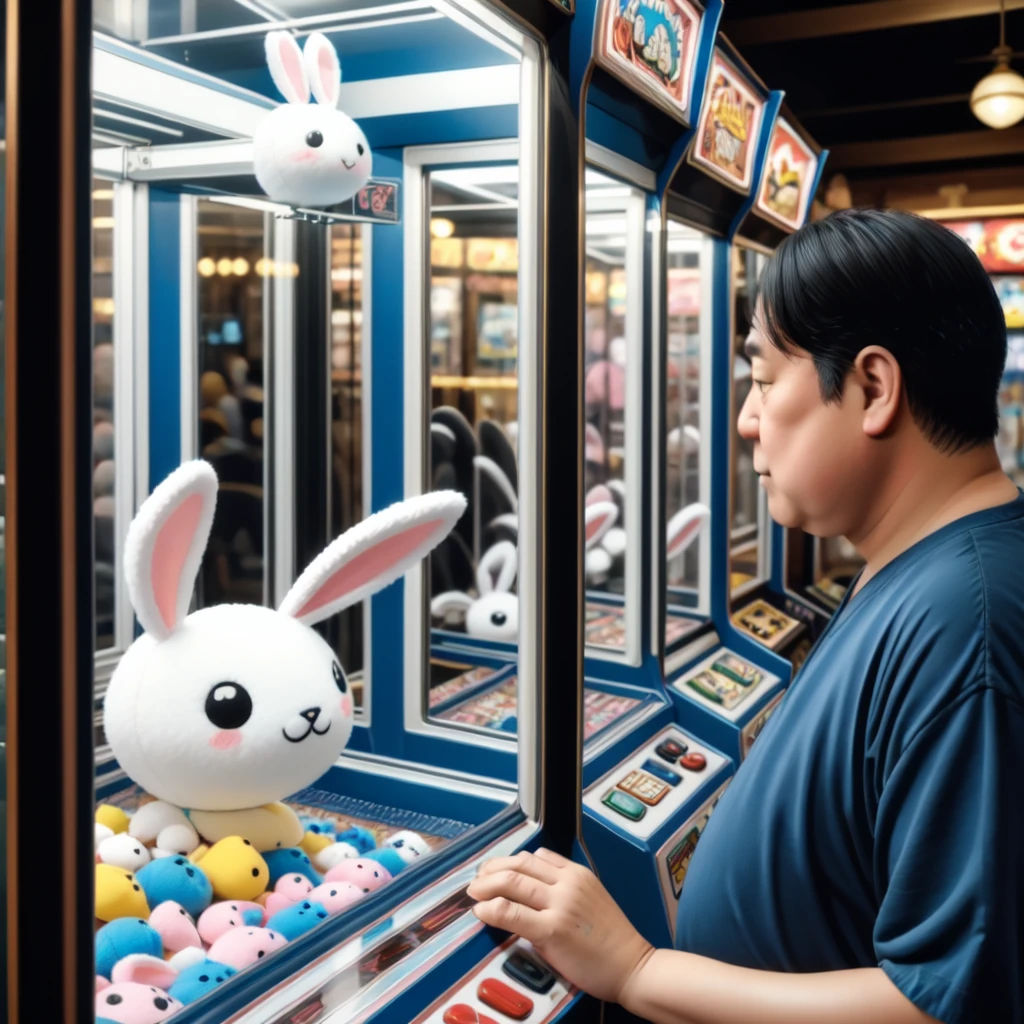 old fat man, solo, upper body, CLGM, arcade, crane game, shop, glass, looking outside, stuffed toy, from side, toy bunny, crane \(machine\) <lora:crane_game_v1:0.6>