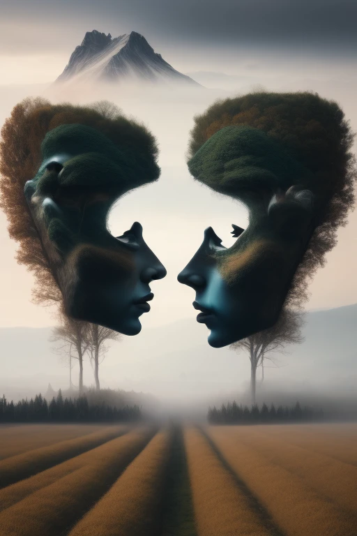 a surreal scene of two faces in the middle of a field with trees and fog in the background, with a mountain in the distance