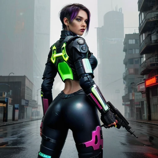 <lora:cybergirl_sd15_v4_15000_lora_f16:0.60>, 35mm (photo) in dark, rainy, smoggy cyberpunk cityscape of beautiful military future punk Cybergirl, BREAK short dark colored brown hair, BREAK Cyborg eyes BREAK ,,, detailed face, grim smile, action pose with gun, [shows ass], glowing cyber leg, sharp background, photorealistic, hyperrealistic, photograph, film, professional, water, reflections, refraction 4k, highly detailed