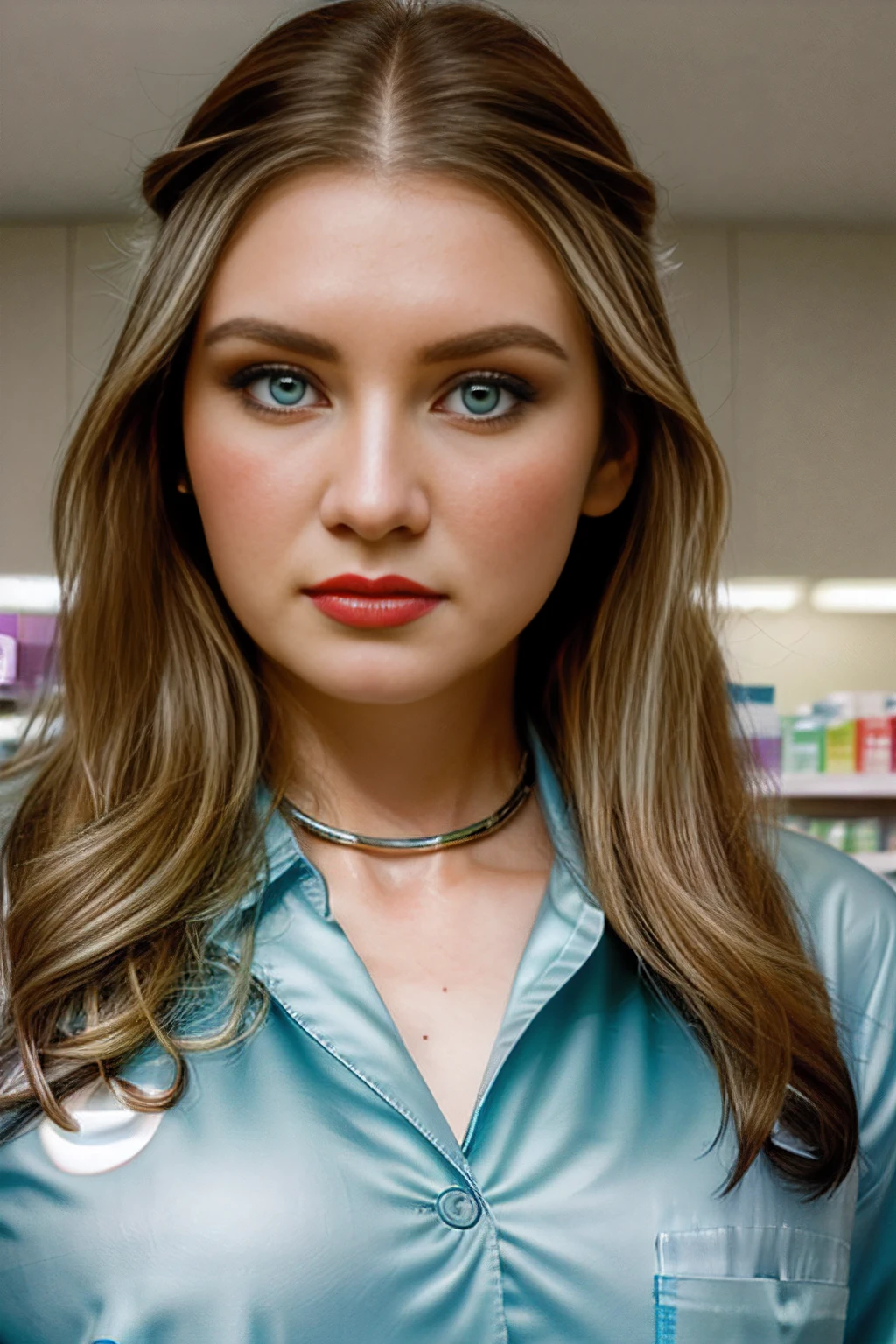 a professional photograph of beautiful 25 year old (4nn4D31v3y woman),as a pharmacist,wearing a (seafoam lab coat over her dress:1.2),(holding a large medicine bottle:1.3),standing in a pharmacy,with stocked shelves with medicine and drugs and supplies,a pharmacist's job involves handling prescriptions,distributing medication to customers,long blonde hair,jewelry,lipstick,makeup and eyeshadow,(upper body),(medium closeup shot),magazine photoshoot,modelshoot style,sharp focus,detailed eyes,depth of field,(highly detailed),(HDR),(8k wallpaper),colorful,vivid color,intricately detailed,high contrast,highres,absurdres,hyper realistic,8K UHD DSLR,Fujifilm XT3,taken with (Canon EOS 1Ds camera),extremely intricate,dramatic,(looking at viewe),4k textures,elegant,(cinematic look),hyperdetailed,<lora:4nn4D31v3y_17A-000003:1.0>,