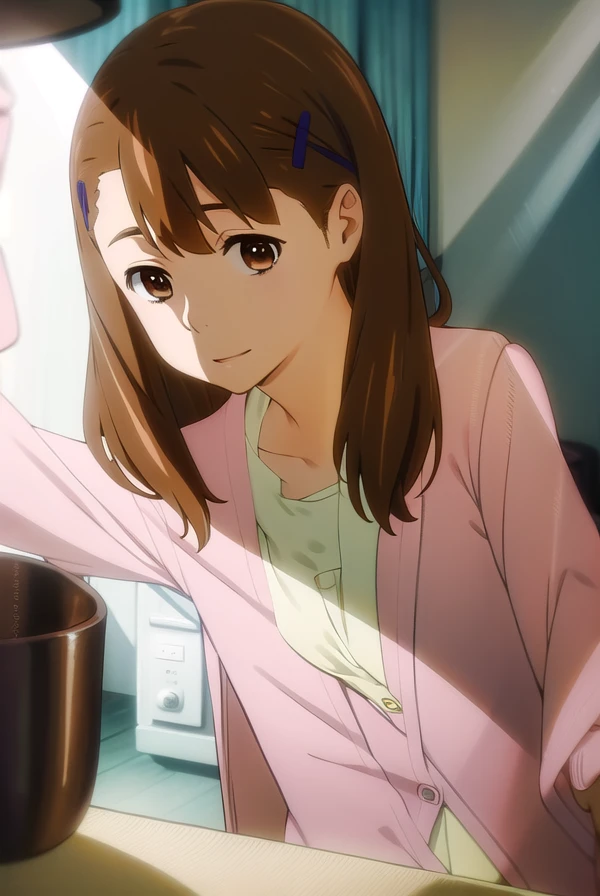 toukoyadomi, <lora:touko yadomi s1-lora-nochekaiser:1>,
touko yadomi, long hair, brown hair, (brown eyes:1.7), hair over shoulder, hair clip, smile,
BREAK shirt, yellow shirt, collarbone, long sleeve, cardigan, (pink cardigan:1.5),
BREAK indoors,
BREAK looking at viewer, (cowboy shot:1.5),
BREAK <lyco:GoodHands-beta2:1>, (masterpiece:1.2), best quality, high resolution, unity 8k wallpaper, (illustration:0.8), (beautiful detailed eyes:1.6), extremely detailed face, perfect lighting, extremely detailed CG, (perfect hands, perfect anatomy),