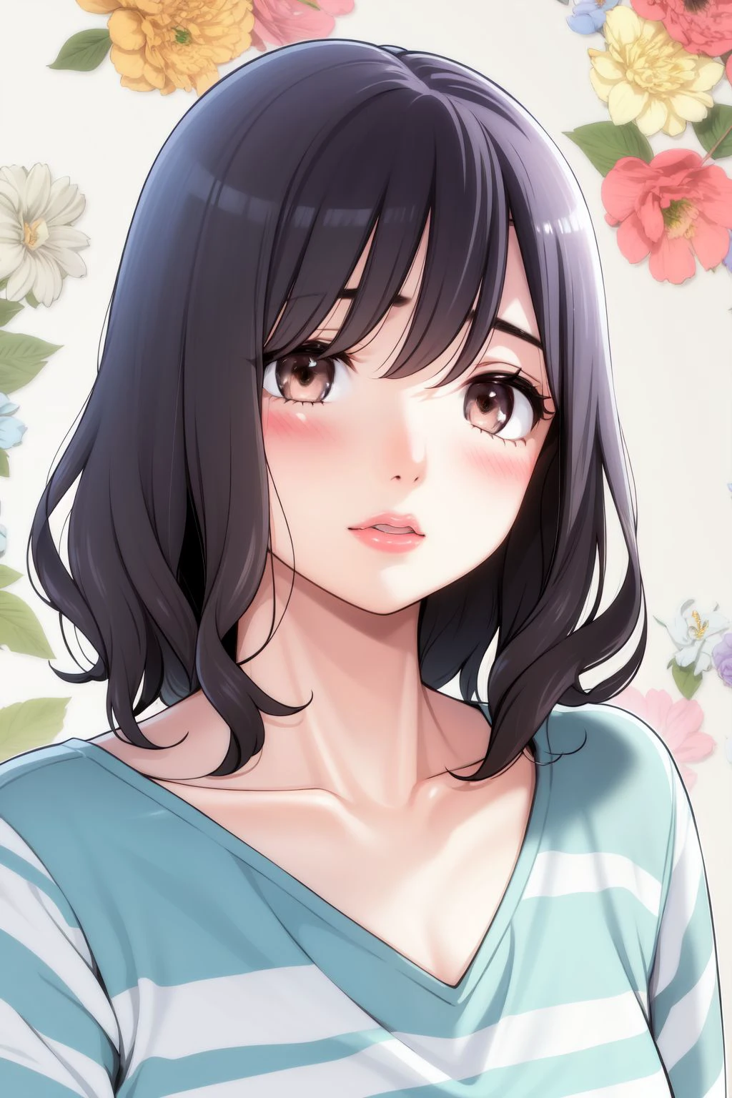 portrait, solo, 1girl, suspicious, dark purple hair, curly hair, dark brown eyes, light green striped shirt, Anigozanthus \(flower\), floral background <lora:HGT_Labo(Tsusauto)_style_v01:1>