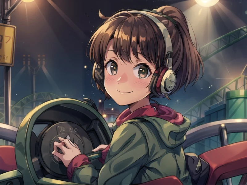 <lora:LofiGirlv2:.8>, 1girl, solo,brown_hair,ponytail,headphones, green coat,smile, blush, in roller coaster,amusement park, volumetric light ,<lora:add_detail:1>