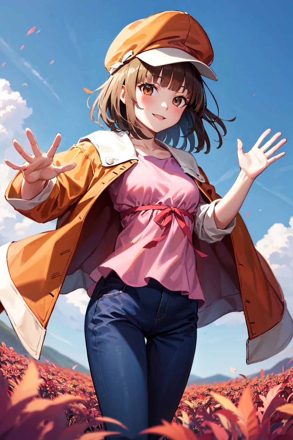 masterpiece, best quality, highres, aanadeko, short hair, brown hair, cabbie hat, orange headwear, blunt bangs, brown eyes, jacket on shoulders, orange jacket, pink shirt, ribbon, blue pants, <lora:sengoku_nadeko_v1:0.8>, waving, field, smile,