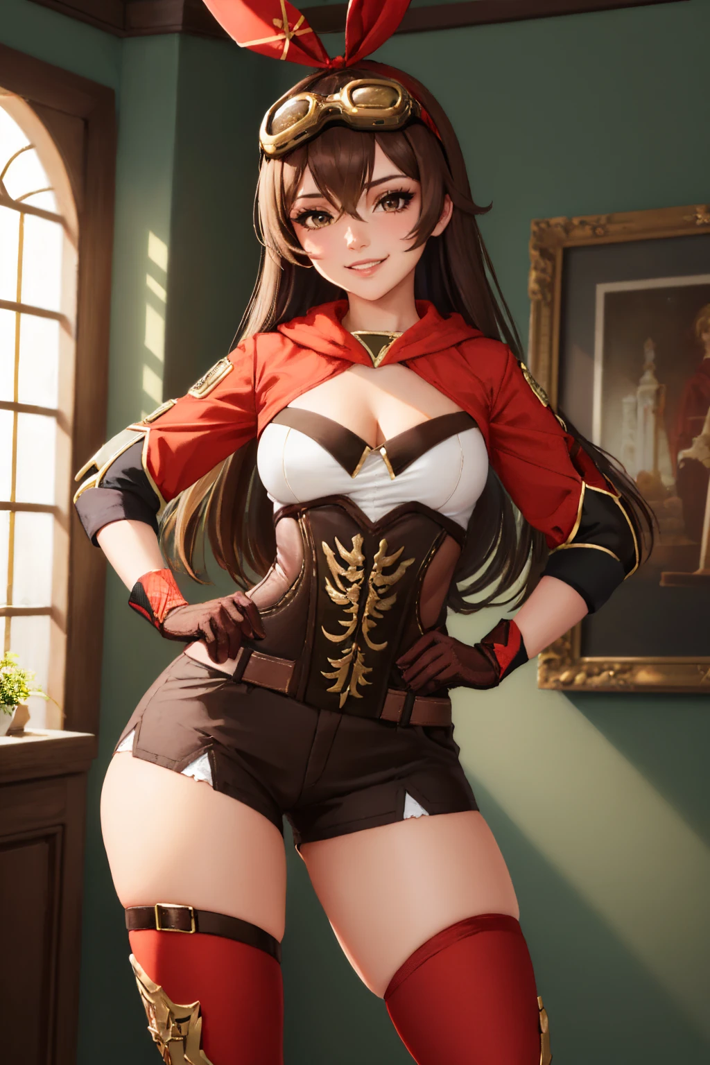(masterpiece, best quality:1.2), solo, 1girl, amberdef, grin, looking at viewer, contrapposto, hand on hip, hair ribbon, goggles on head, shrug \(clothing\), long sleeves, brown gloves, short shorts, red thighhighs, cleavage <lora:genshinimpact_amber-17:1>