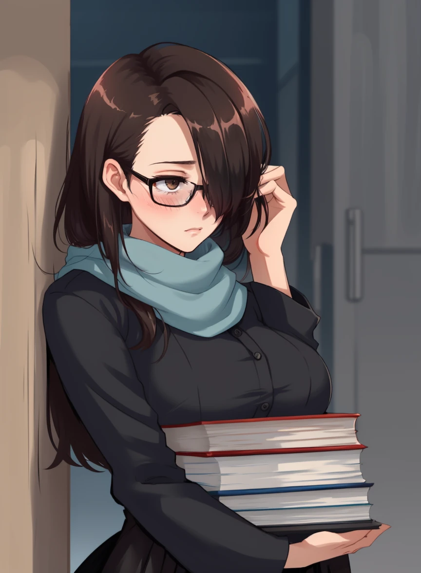 female, carried breast rest, glasses, black hair, hair over one eye, shy, blush, looking away, carrying book stack
<lora:carried-breast-rest-07:1>