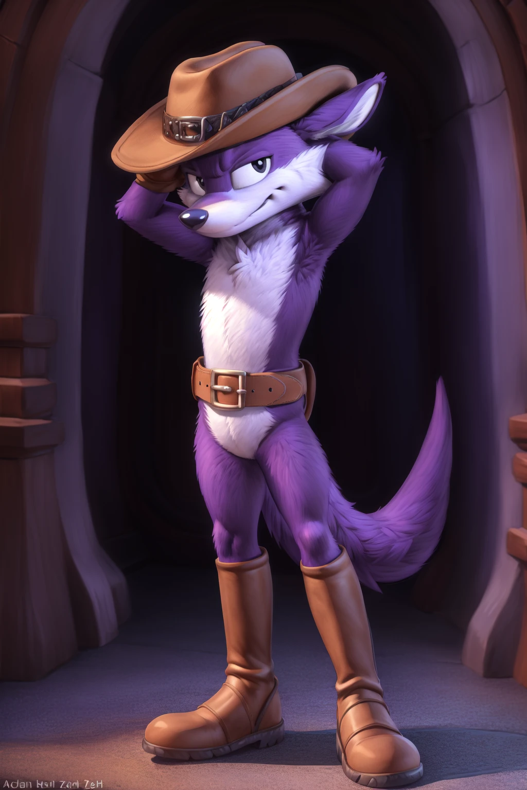 <lora:fang_the_hunter-09:1>, fangthehunter, male, purple fur, black eyes, (pose:1.3), (posing:1.3), (soft shading), 4k, hi res, ((detailed face, (detailed eyes:1.0), detailed)), (full body), by zackarry911, by zaush, (by personalami:0.5), gloves, belt, hat, boots,