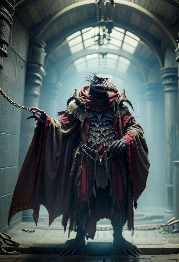 skeksil, solo, skeksis wearing tattered robes in a dungeon with chains <lora:Skeksis:1>