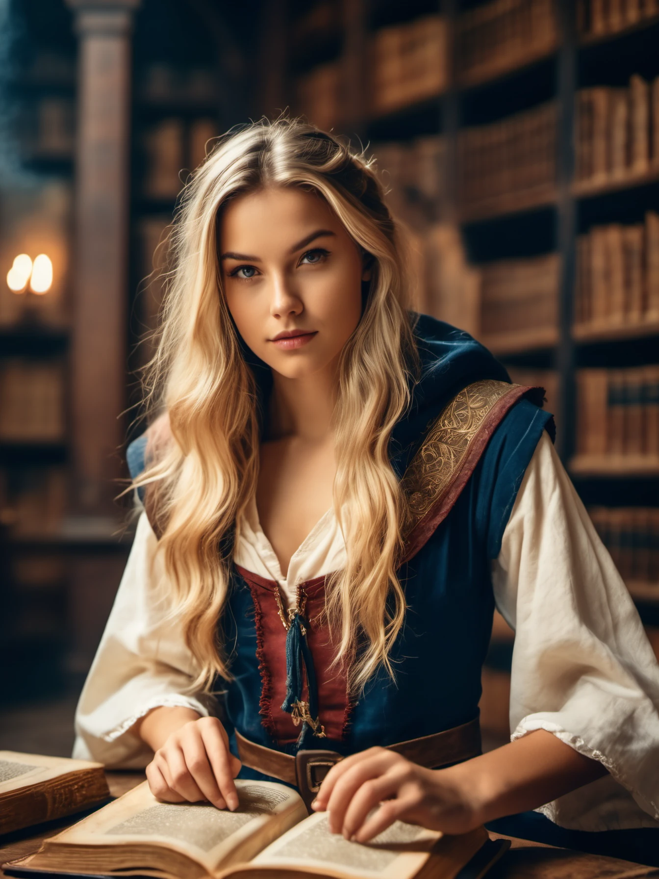 modelshoot photography, 8k dslr, photo, cowboy shot,
nicola_cavanis woman, long wavy blonde hair, smirk, ancient book on hand,
wizard tunic, hood,
in an ancient magical library,
<lora:nicola_cavanis_lora_sdxl_v1:0.75>, film grain and (medium full shot:1.2) and 8K HD RAW photo,
volumetrics dtx, (film grain, blurry background, depth of field, motion blur)