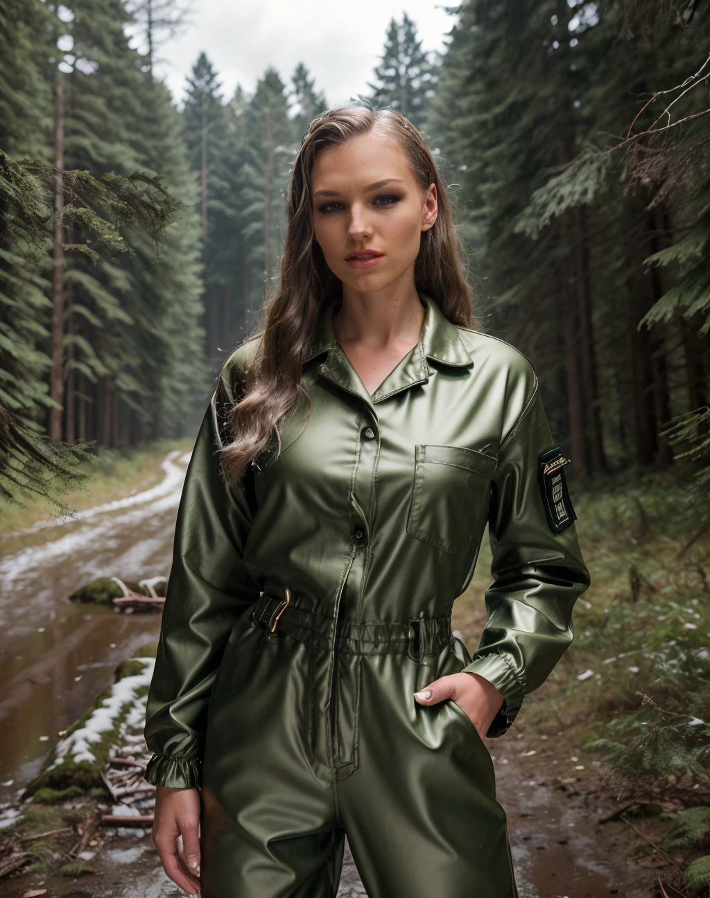 cinematic photo , raw, textured skin, realistic, style raw, <lora:quiron_KatyCaro_v2_Lora:0.67> KatyCaroQuiron woman Dressed in the (style of Romanticism Explorer elegant outfit Grungy Olive Boiler suit) (with Snow-covered Forest in the background ), Standing straight with hands clasped behind, . 35mm photograph, film, bokeh, professional, 4k, highly detailed