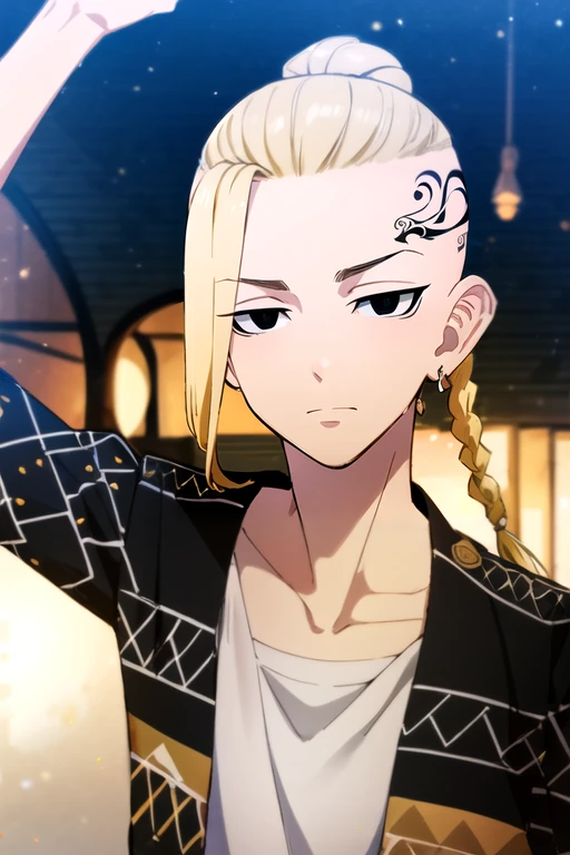 (best quality:1.1), (masterpiece:1.4), wallpaper, looking at viewer, , depth of field, , , 1boy, solo, male focus, <lora:ken_ryuuguuji:0.98>, ken_ryuuguuji, blonde hair, black eyes, braided ponytail, tattoo, , , , Xanadu: A magical kingdom ruled by a wise and benevolent queen, 8k resolution