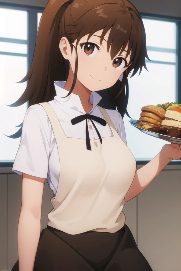 popurataneshima, <lora:popura taneshima s2-lora-nochekaiser:1>,
popura taneshima, long hair, brown hair, (brown eyes:1.5), ponytail, ahoge, smile,
BREAK apron, waitress, short sleeves, skirt, black skirt,
BREAK indoors, restaurant,
BREAK looking at viewer, (cowboy shot:1.5),
BREAK <lyco:GoodHands-beta2:1>, (masterpiece:1.2), best quality, high resolution, unity 8k wallpaper, (illustration:0.8), (beautiful detailed eyes:1.6), extremely detailed face, perfect lighting, extremely detailed CG, (perfect hands, perfect anatomy),
